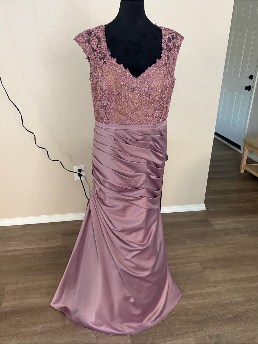 La Femme Mauve Lace & Satin Evening Gown